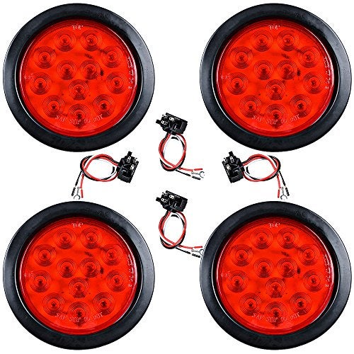Anzio 4pcs Red Round 4" 12- LED Brake Stop Tail Light Compatible with Cargo Semi Trailer Container Tractor Truck Bus Lorries - Image 1