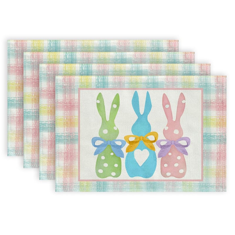 ARKENY Easter Placemats 12x18 Inches Set of 4, Bunny Rabbit Pink Spring Holiday Farmhouse Burlap Buffalo Plaid Indoor Table Mats Decorations for Home AP381-4 - Image 1