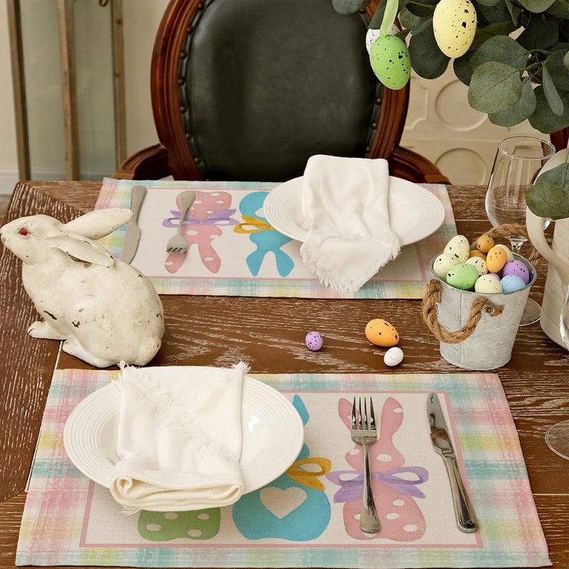ARKENY Easter Placemats 12x18 Inches Set of 4, Bunny Rabbit Pink Spring Holiday Farmhouse Burlap Buffalo Plaid Indoor Table Mats Decorations for Home AP381-4 - Image 3