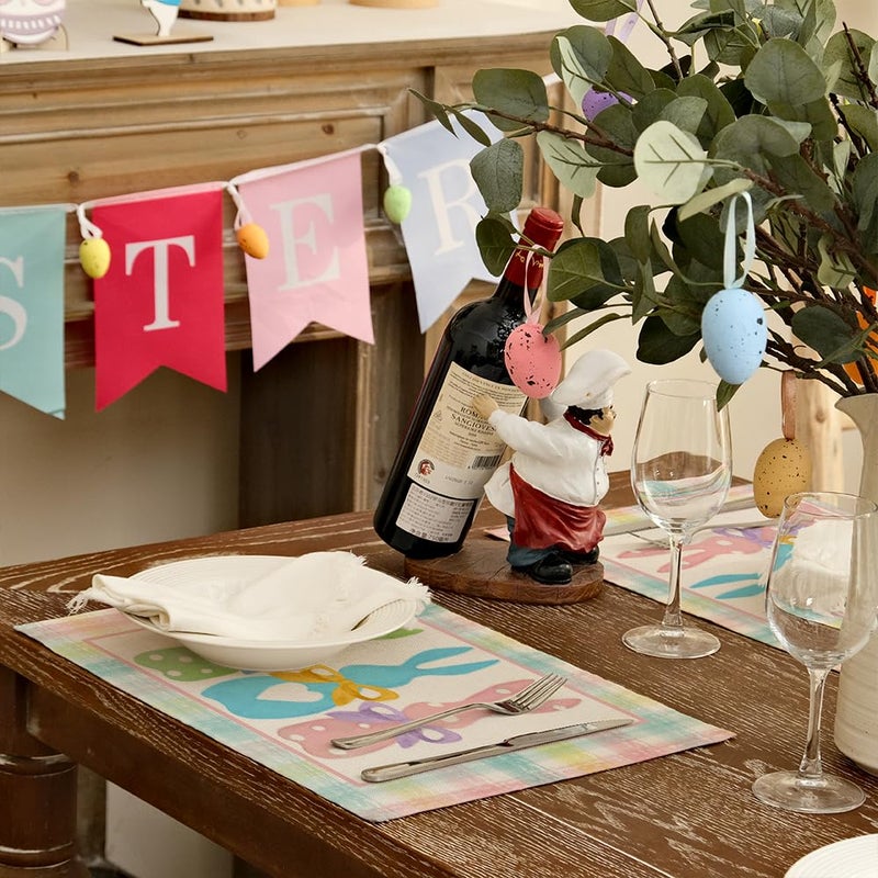 ARKENY Easter Placemats 12x18 Inches Set of 4, Bunny Rabbit Pink Spring Holiday Farmhouse Burlap Buffalo Plaid Indoor Table Mats Decorations for Home AP381-4 - Image 2