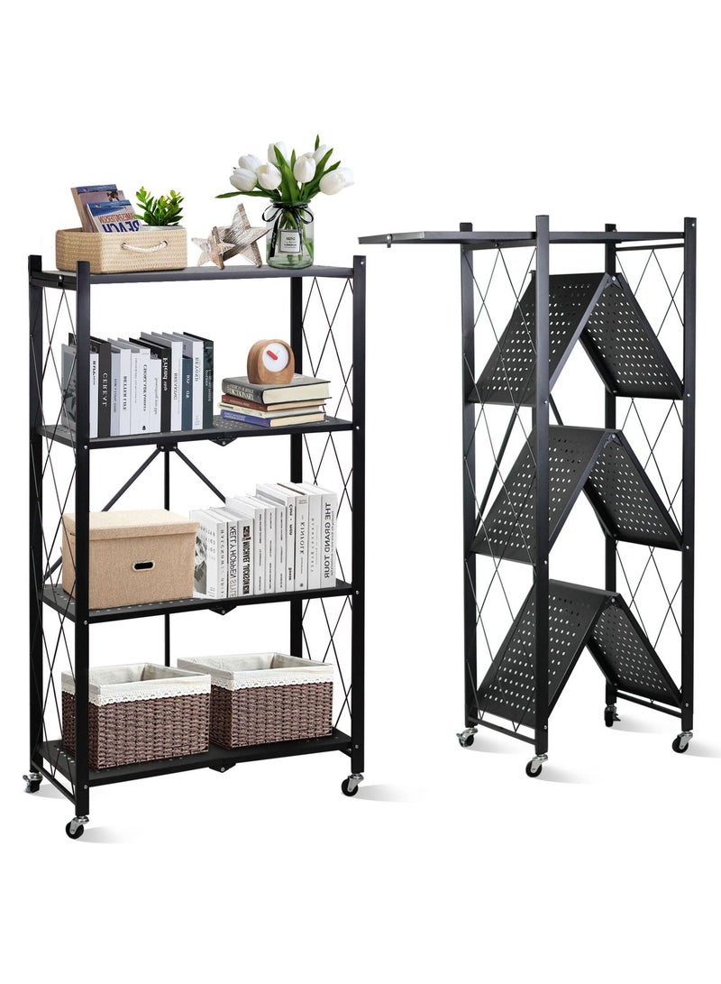 UREVO 4 Tier Foldable Storage Organizer, Storage Shelves Kitchen Cabinet Storage Rack, Shelf Storage Multipurpose Rack for Living Room Bedroom Kitchen Garage Black - Image 1