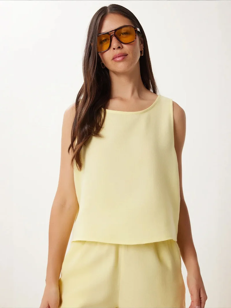 Happiness İstanbul Lemon Yellow ISTANBUL Sleeveless Boat Neck Cotton Two-Piece With Wide Leg Shorts for Women | Best Price UAE