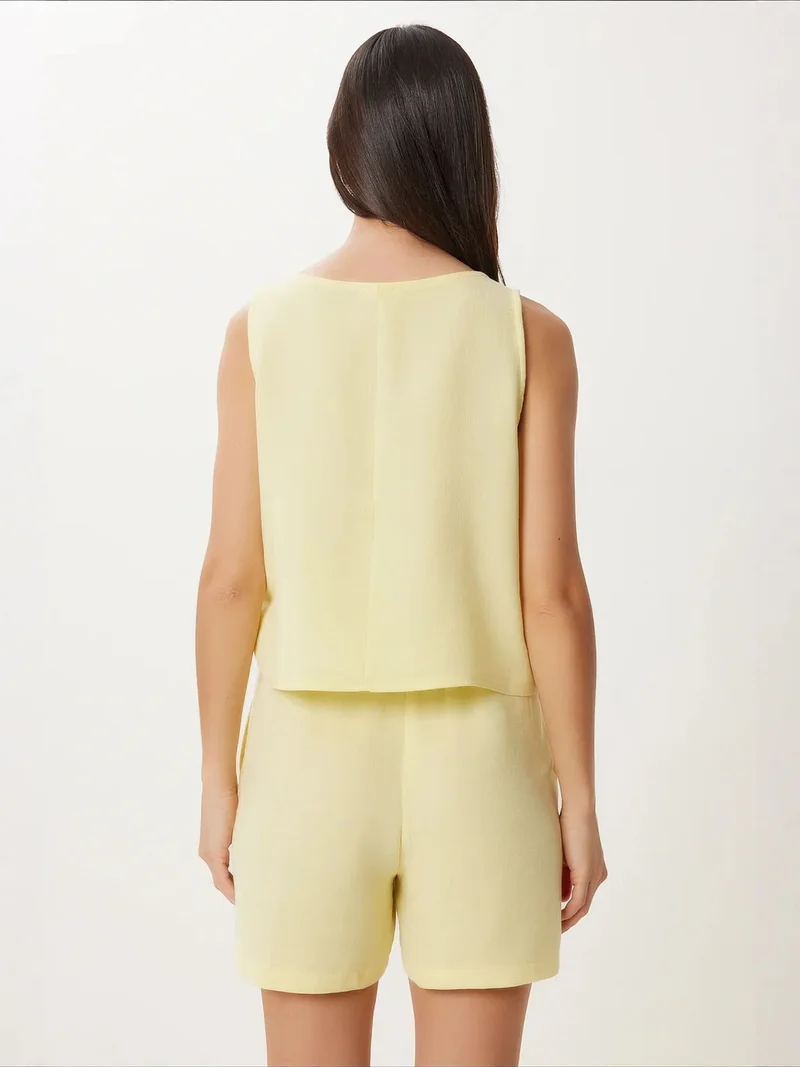 Happiness İstanbul Lemon Yellow ISTANBUL Sleeveless Boat Neck Cotton Two-Piece With Wide Leg Shorts for Women | Best Price UAE