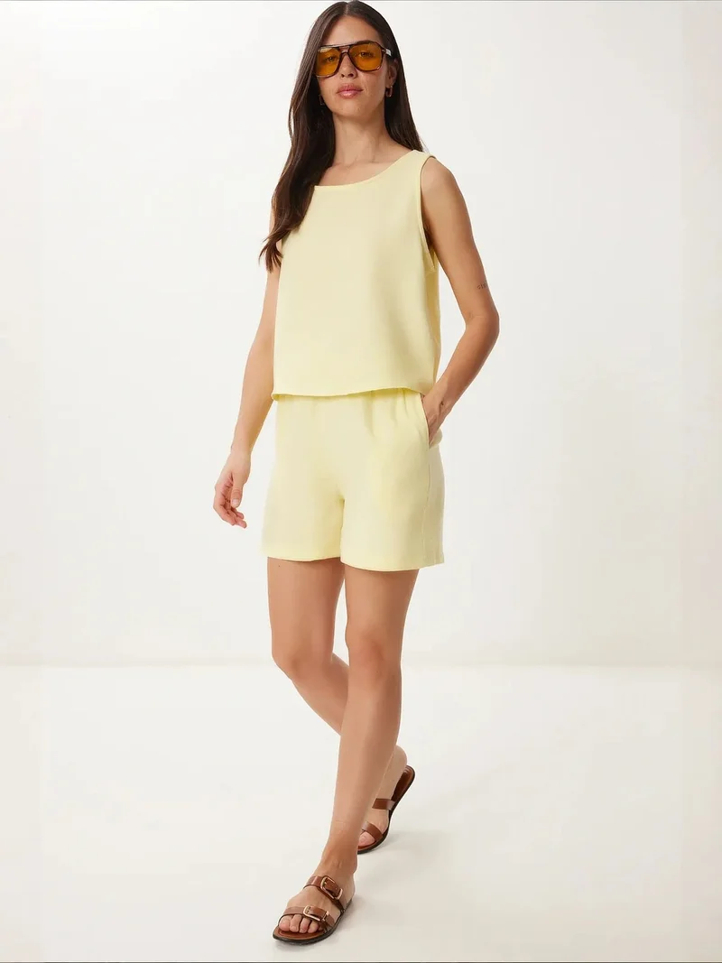 Happiness İstanbul Lemon Yellow ISTANBUL Sleeveless Boat Neck Cotton Two-Piece With Wide Leg Shorts for Women | Best Price UAE
