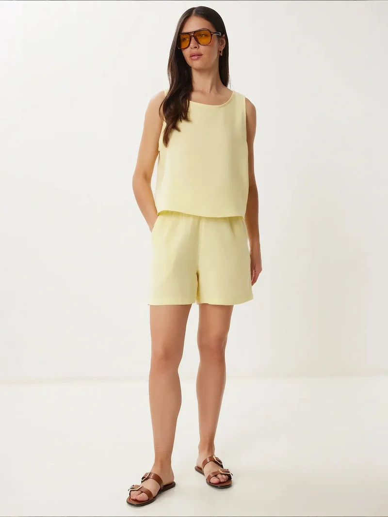 Happiness İstanbul Lemon Yellow ISTANBUL Sleeveless Boat Neck Cotton Two-Piece With Wide Leg Shorts for Women | Best Price UAE