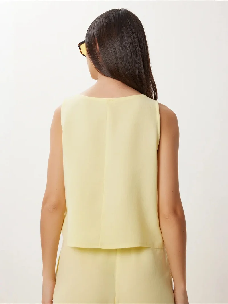 Happiness İstanbul Lemon Yellow ISTANBUL Sleeveless Boat Neck Cotton Two-Piece With Wide Leg Shorts for Women | Best Price UAE