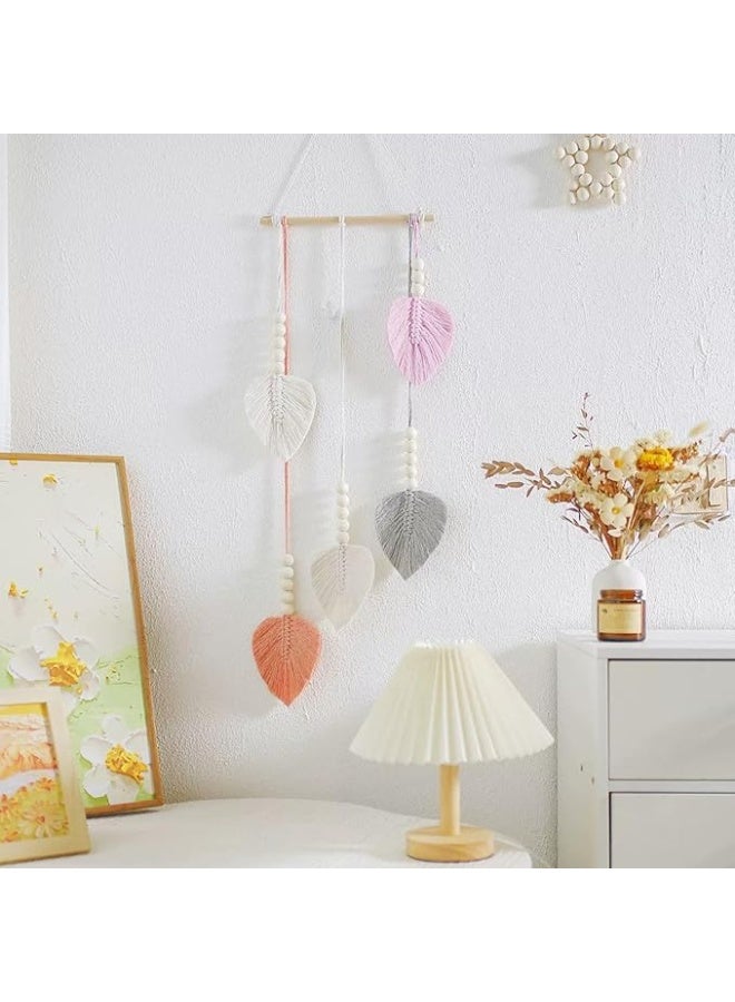 انتيكيانو تعليقة حائط مكرمية بوهيمية، ديكور جداري مصنوع يدويًا، مزينة بحبات خشبية وأوراق باللون الوردي، تابيستري أنيق للحائط، مثالية لتزيين غرف النوم، غرف المعيشة، أو غرف الأطفال (باللون الوردي). - Image 3