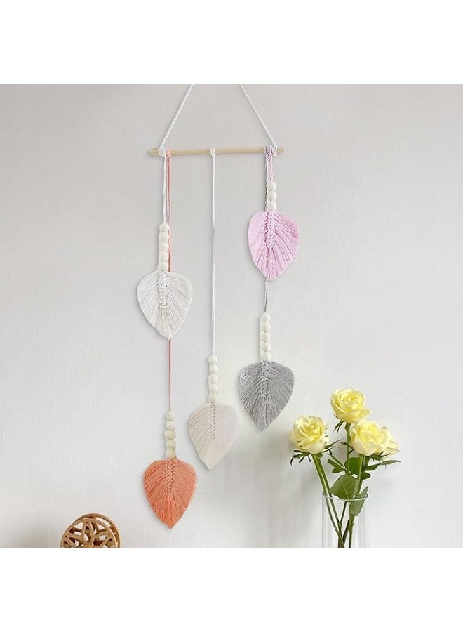 انتيكيانو تعليقة حائط مكرمية بوهيمية، ديكور جداري مصنوع يدويًا، مزينة بحبات خشبية وأوراق باللون الوردي، تابيستري أنيق للحائط، مثالية لتزيين غرف النوم، غرف المعيشة، أو غرف الأطفال (باللون الوردي). - Image 2