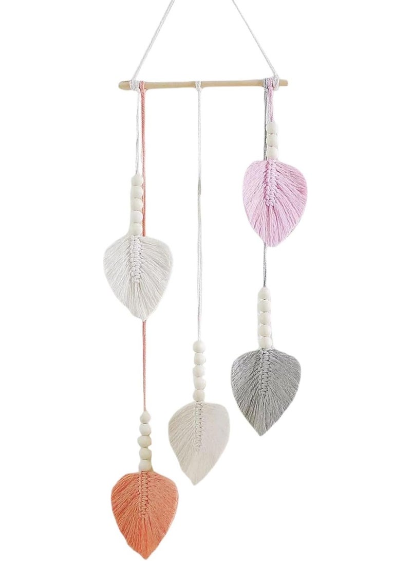 انتيكيانو تعليقة حائط مكرمية بوهيمية، ديكور جداري مصنوع يدويًا، مزينة بحبات خشبية وأوراق باللون الوردي، تابيستري أنيق للحائط، مثالية لتزيين غرف النوم، غرف المعيشة، أو غرف الأطفال (باللون الوردي). - Image 1