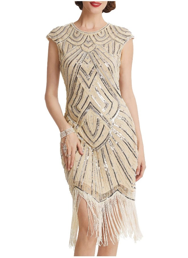 Generic - Women's Flapper Dresses 1920s Beaded Fringed Great Gatsby Dress, Beige/M - Image 1