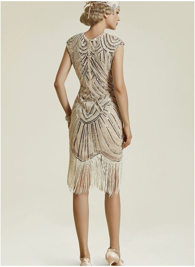 Generic - Women's Flapper Dresses 1920s Beaded Fringed Great Gatsby Dress, Beige/M - Image 1