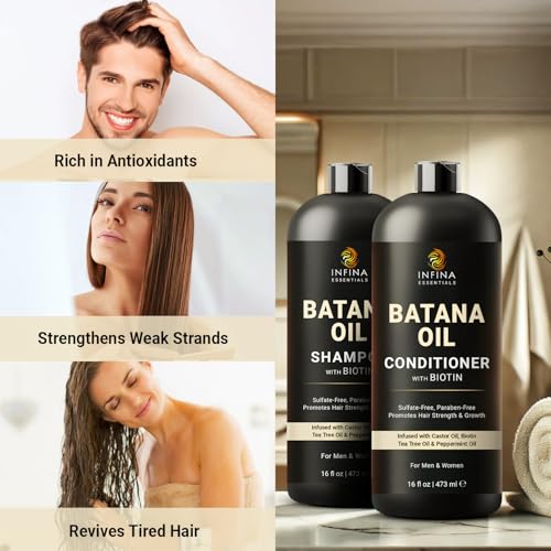 INFINA ESSENTIALS Batana Oil Shampoo and Conditioner Set - Biotin & Tea Tree Oil for Hair Growth & Thickness - Moisturizing & Nourishing Shampoo for Thinning Hair for Men & Women - 16 fl oz Each - Image 3