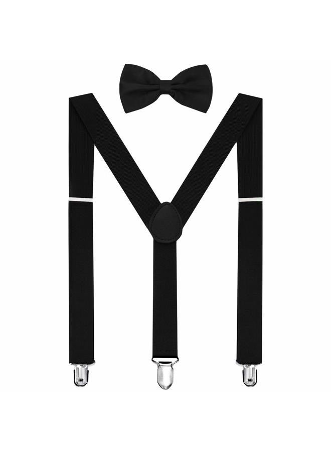 habibee HABI Solid Color Mens Suspender Bow Tie Set Clip On Y Shape Adjustable Braces (Black) - Image 1