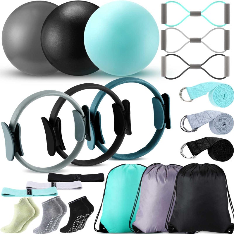 Poen 21 Pcs Pilates Equipment Kit for Home Workout Pilates Ring and Ball Set for Women 12'' Circle Yoga Fitness Essentials Kit with Resistance Bands, Yoga Strap, Socks,Bag (Green,Black,Gray) - Image 1