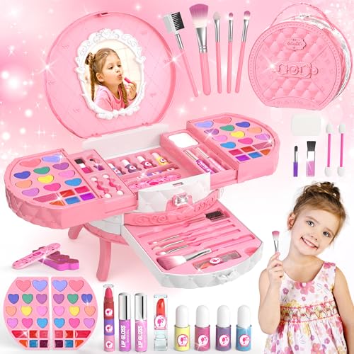 PERRYHOME Kids Makeup Sets for Girls 5-8, 57 Pcs Kids Makeup Kit for Girls Non-Toxic Washable Real Cosmetic Set, Toddlers Birthday Gifts Princess Toys for 3 4 5 6 7 8 9 10 11 12 Year Old (Pink) - Image 1