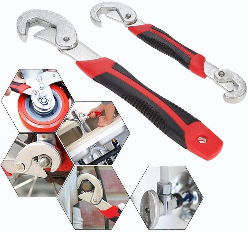 2 pcs Multifunctional Wrench Set Pipe Wrench Portable adjustableStainless Steel Socket Universal Fit for All Shapes Sizes Ergonomic Grip Hand Tools NutsBolts Wrench Spanner Set Red Black - Image 3
