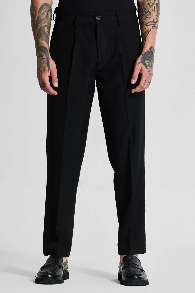 SNITCH Black Solid Regular Fit Trousers