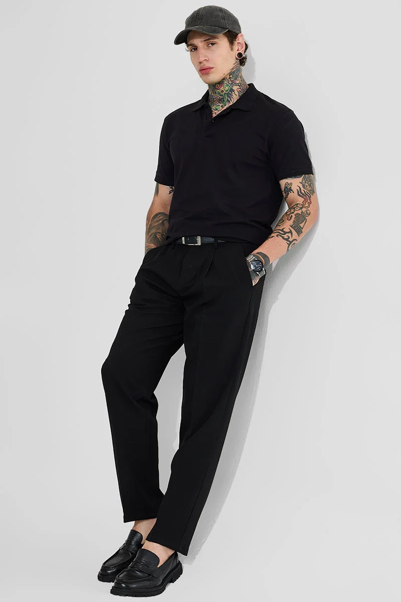 SNITCH Black Solid Regular Fit Trousers