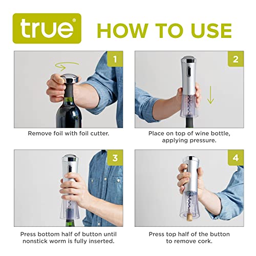True Lux Electric Corkscrew Wine Opener with Foil Cutter and AC Adapter Charger, Cordless Wine Bottle Opener for Home Bar, Birthday Party, Housewarming, Wedding Gifts, Set of 1, Silver - Image 3