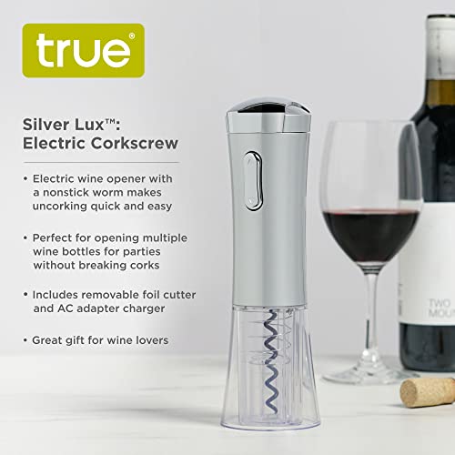 True Lux Electric Corkscrew Wine Opener with Foil Cutter and AC Adapter Charger, Cordless Wine Bottle Opener for Home Bar, Birthday Party, Housewarming, Wedding Gifts, Set of 1, Silver - Image 2