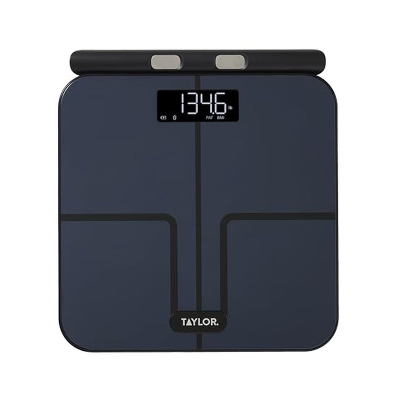 Taylor Smart Total Body Composition Scale with Precision Hub App, Retractable Handle, 11.8" x 11.8" Glass Platform, Vanishing 0.9" LED Display, 440 lb Capacity, 8 Contact Points, Black - Image 1