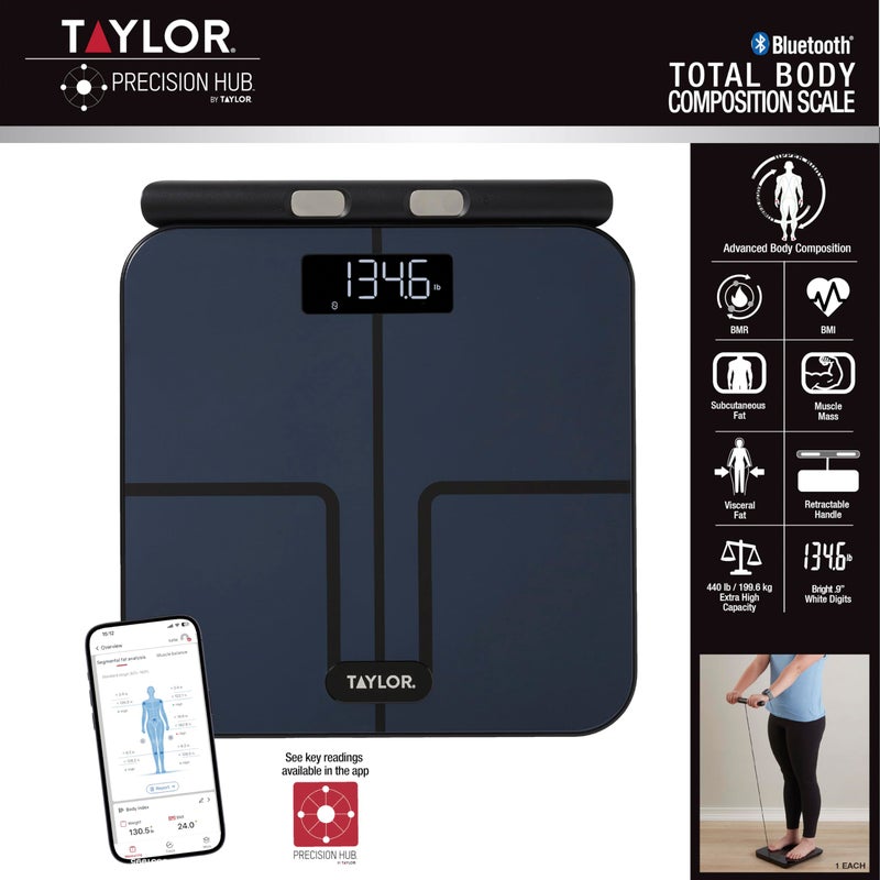 Taylor Smart Total Body Composition Scale with Precision Hub App, Retractable Handle, 11.8" x 11.8" Glass Platform, Vanishing 0.9" LED Display, 440 lb Capacity, 8 Contact Points, Black - Image 4