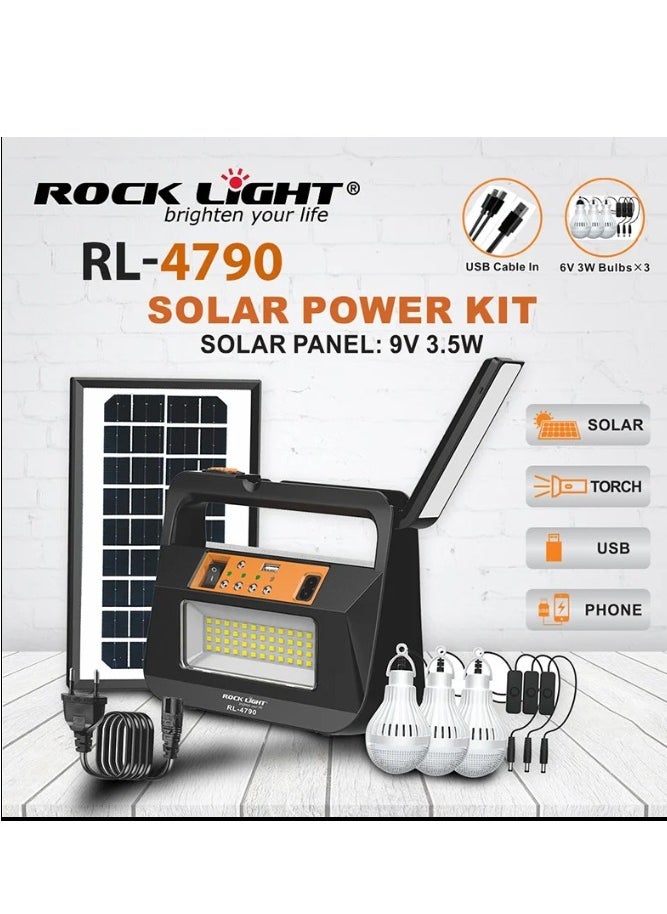 ROCK LIGHT Rocklight Emergency LED Light RL-4790 Solar Inverter with Multi-Function, Solar Power Kit, With Phone Charging 
