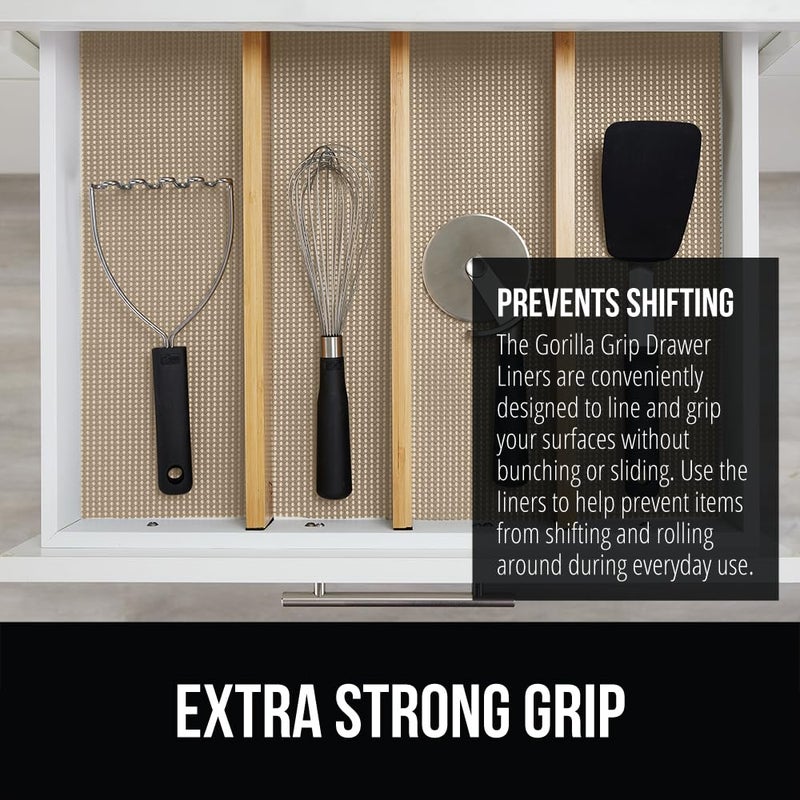 GORILLA GRIP powerGRIP Drawer Shelf and Cabinet Liner, Thick Strong Hold, Non-Adhesive Liners Protect Kitchen Cabinets and Cupboard, Bathroom Drawers, Easy Install, Breathable Mat, 12" x20', Beige - Image 3