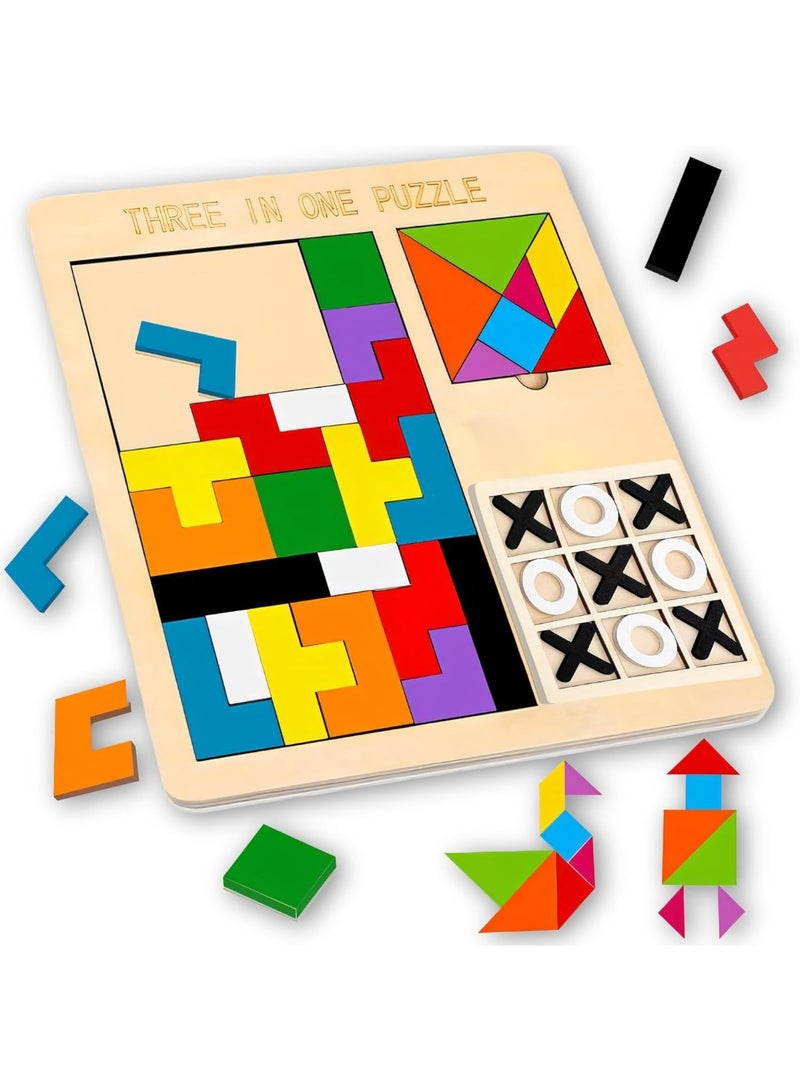 WAHA TOYS 3-in-1 Wooden Educational Puzzle Game for Kids – Tangram, Chess & Tic-Tac-Toe Set – Brain Teaser Learning Toy, Cognitive Skill Development, Multicolor Blocks, Gift for Boys & Girls - Image 1