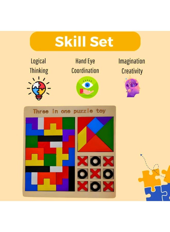 WAHA TOYS 3-in-1 Wooden Educational Puzzle Game for Kids – Tangram, Chess & Tic-Tac-Toe Set – Brain Teaser Learning Toy, Cognitive Skill Development, Multicolor Blocks, Gift for Boys & Girls - Image 2
