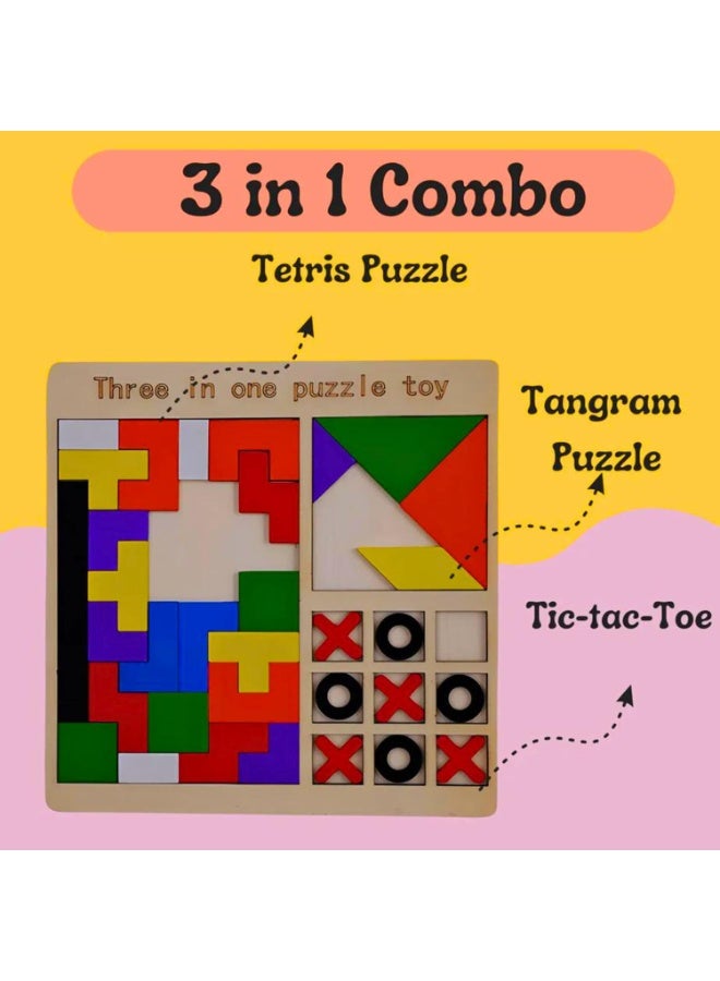 WAHA TOYS 3-in-1 Wooden Educational Puzzle Game for Kids – Tangram, Chess & Tic-Tac-Toe Set – Brain Teaser Learning Toy, Cognitive Skill Development, Multicolor Blocks, Gift for Boys & Girls - Image 4