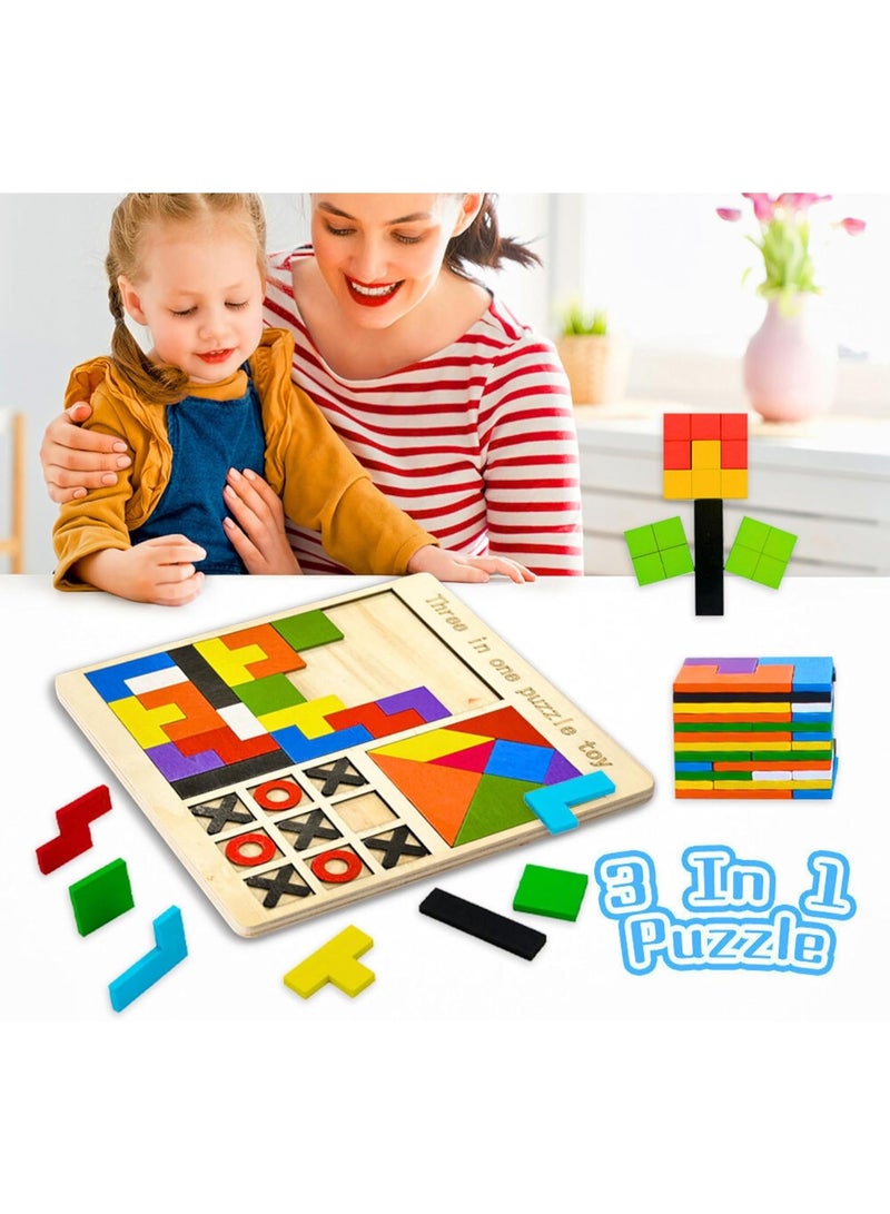 WAHA TOYS 3-in-1 Wooden Educational Puzzle Game for Kids – Tangram, Chess & Tic-Tac-Toe Set – Brain Teaser Learning Toy, Cognitive Skill Development, Multicolor Blocks, Gift for Boys & Girls - Image 5