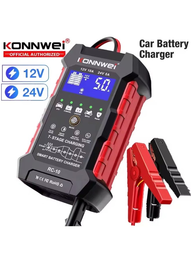 Konnwei 2026 KONNWEI RC-10 12V 24V 10A 5A Car Truck Battery Charge Bank Automotive Repair Tool Pulse Auto Charger Power Lead Acid AGM - Image 1