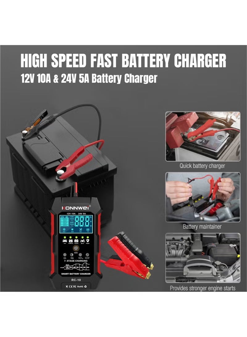 Konnwei 2026 KONNWEI RC-10 12V 24V 10A 5A Car Truck Battery Charge Bank Automotive Repair Tool Pulse Auto Charger Power Lead Acid AGM - Image 5