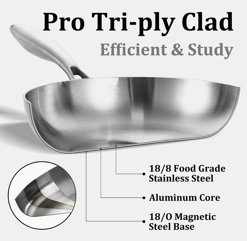 LOLYKITCH 14 Inch Tri-ply Stainless Steel Frying Pan with Lid and Helper Handle,Large Skillet,Induction Chef's Cooking Pan,Oven Safe and Detachable Handle - Image 2