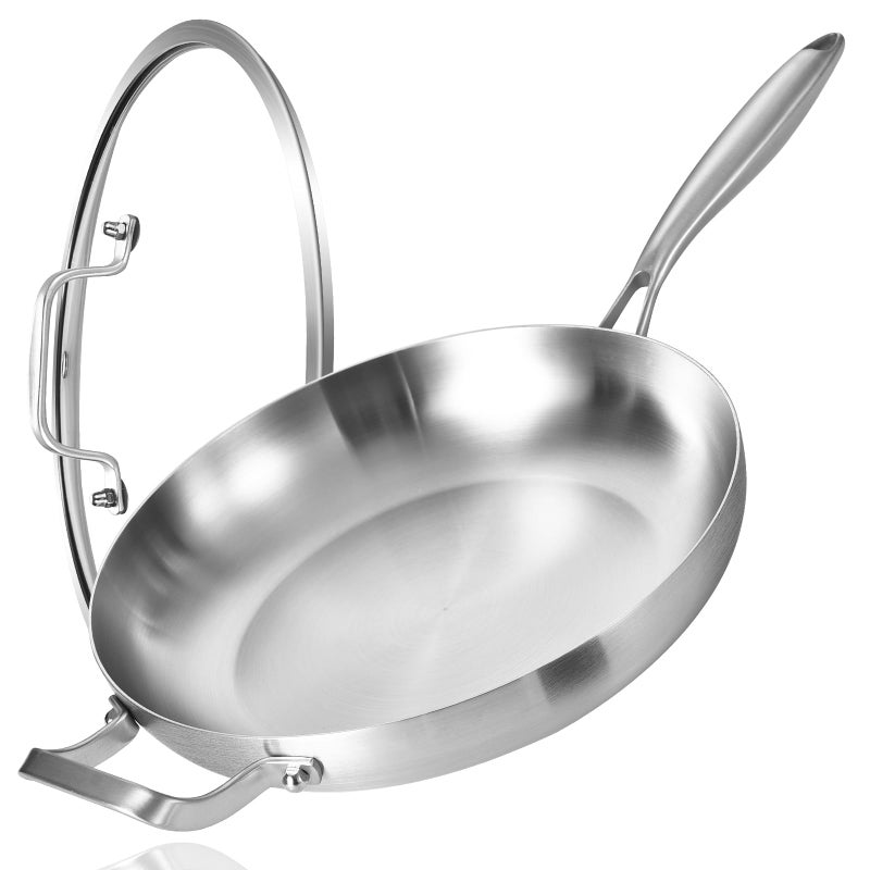 LOLYKITCH 14 Inch Tri-ply Stainless Steel Frying Pan with Lid and Helper Handle,Large Skillet,Induction Chef's Cooking Pan,Oven Safe and Detachable Handle - Image 1