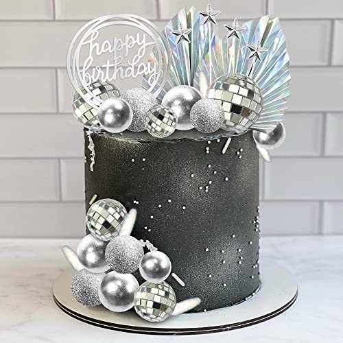 DRWATE Disco Balls Cake Toppers Mirror Balls with Boho Stars Cake Decorations for 70s 80s Disco Dance Saturday Night Fever Theme Birthday Silver - Image 1