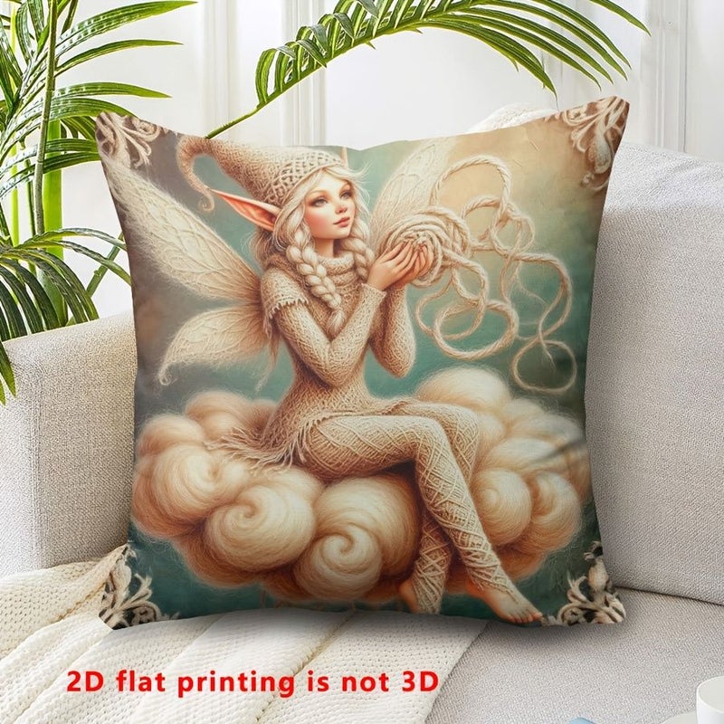 Fantasy Elf Pattern Single Sided Square Pillow Cover 17.7 Inch Retro Home Decor - Image 4