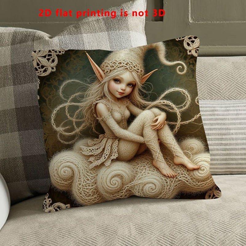 Fantasy Elf Pattern Single Sided Square Pillow Cover 17.7 Inch Retro Home Decor - Image 2