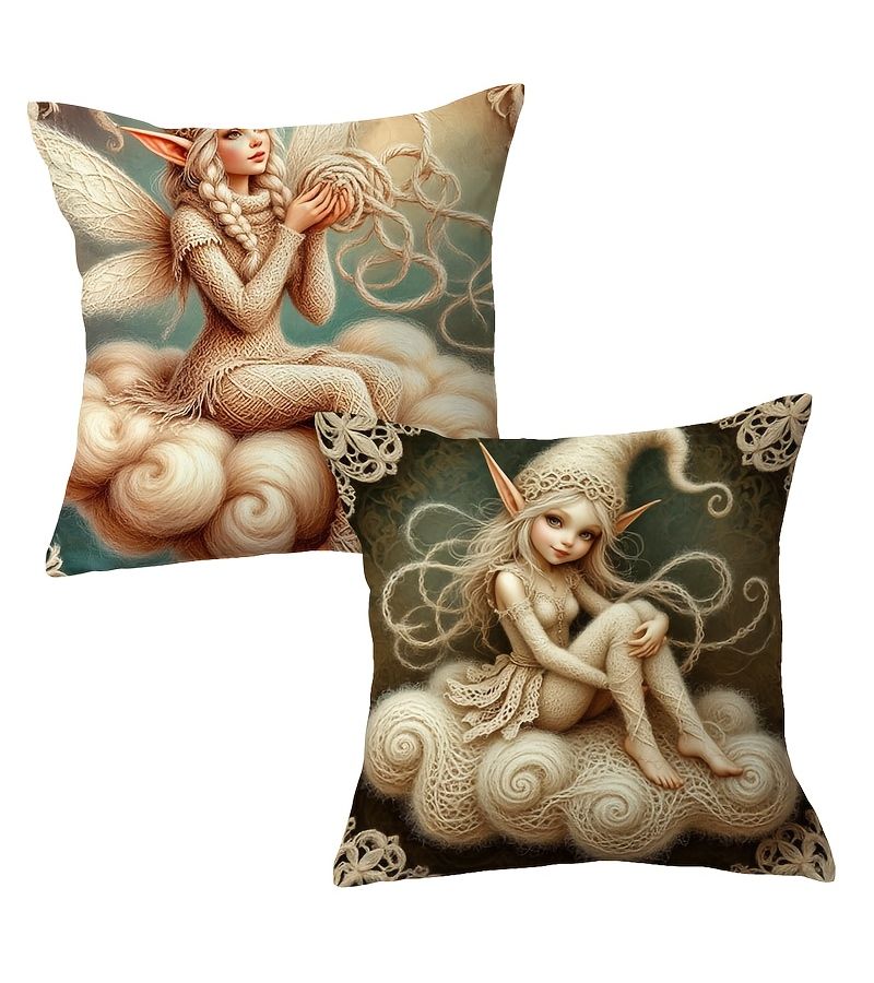 Fantasy Elf Pattern Single Sided Square Pillow Cover 17.7 Inch Retro Home Decor - Image 1