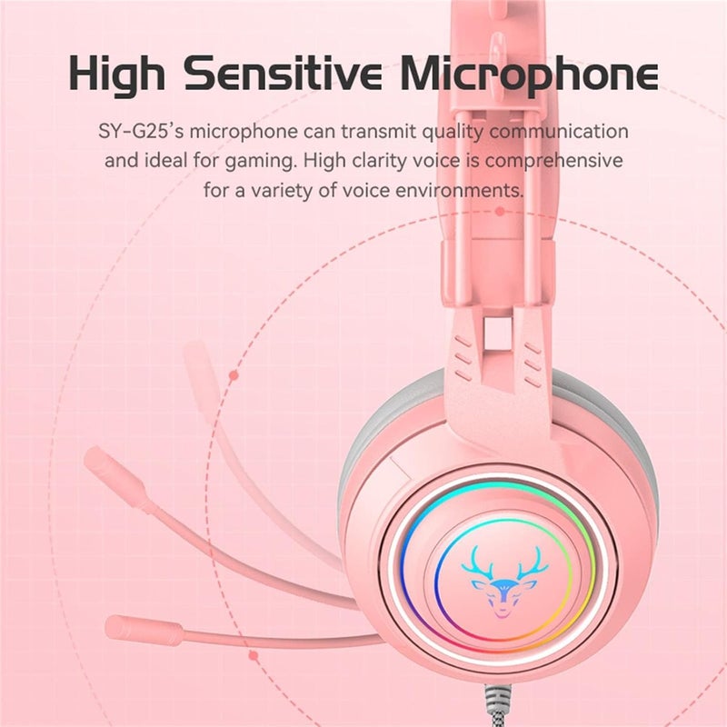 Khazna Stereo Gaming Headset for PS4 PC Xbox One PS5 Controller,Noise Cancelling Over Ear Headphones with Mic, LED Breathing Light, Bass Surround, Soft Memory Earmuffs for Laptop Mac Nintendo (Pink) - Image 5