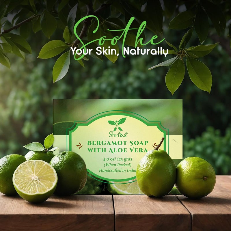 Shrida Naturals Shrida Naturals Bergamot Essential Oil Soap with Aloe Vera Handmade Organic Herbal Soap for Glowing Soft Skin Moisturizing SulfateFree ParabenFree Vega Pack of 4 125g Each  - Image 2