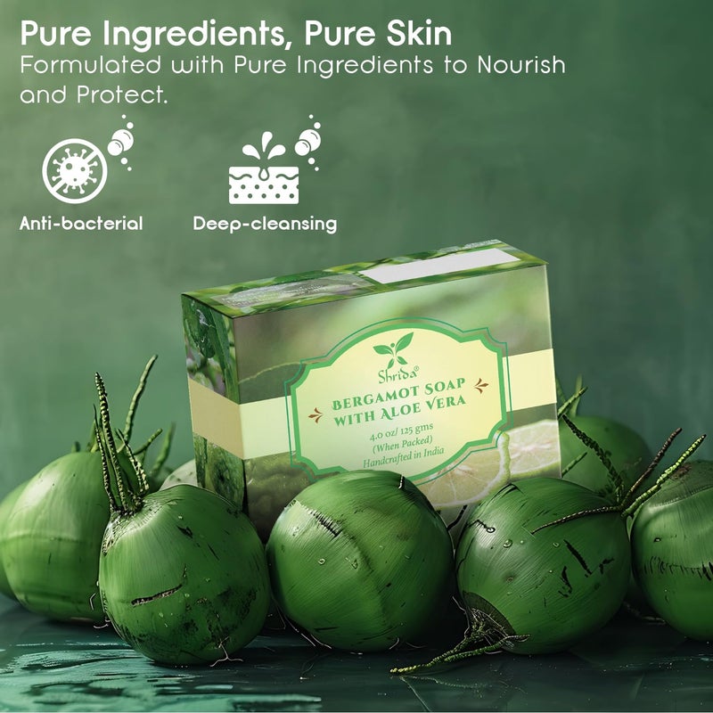 Shrida Naturals Shrida Naturals Bergamot Essential Oil Soap with Aloe Vera Handmade Organic Herbal Soap for Glowing Soft Skin Moisturizing SulfateFree ParabenFree Vega Pack of 4 125g Each  - Image 4