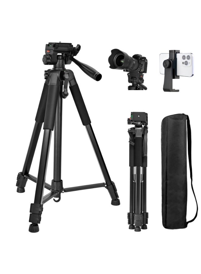 كينجمازي حامل ثلاثي للكاميرا بارتفاع 168 سم / 66 بوصة، احترافي من الألمنيوم، متوافق مع الكاميرات وDSLR والهواتف المحمولة وكاميرات الفيديو، مزود بحامل هاتف وحقيبة سفر، قدرة التحمل 3 كجم - Image 1