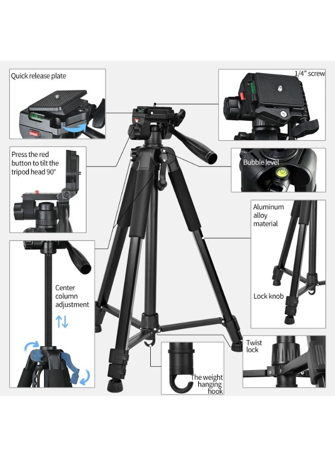 كينجمازي حامل ثلاثي للكاميرا بارتفاع 168 سم / 66 بوصة، احترافي من الألمنيوم، متوافق مع الكاميرات وDSLR والهواتف المحمولة وكاميرات الفيديو، مزود بحامل هاتف وحقيبة سفر، قدرة التحمل 3 كجم - Image 3