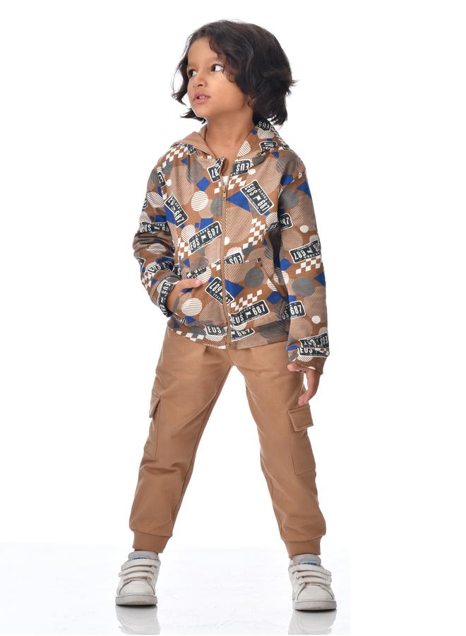 Victor And Jane Boys Brown Full Zip Hoodie and Cargo Joggers Set - Image 1