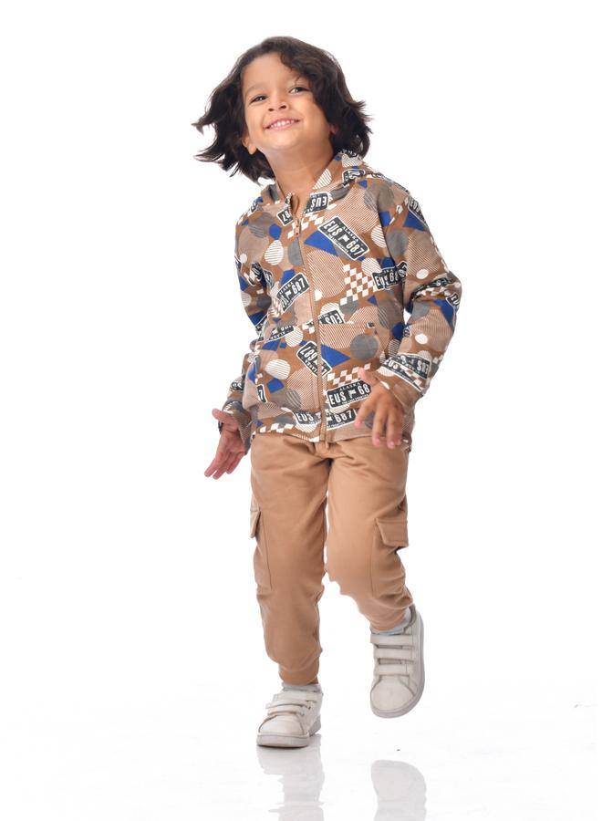 Victor And Jane Boys Brown Full Zip Hoodie and Cargo Joggers Set - Image 2