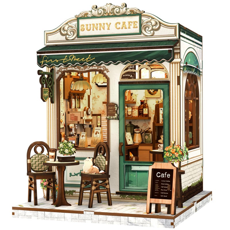 Fsolis Book Nook Kit - DIY Miniature House Kit for Adults Bookshelf Puzzle Mini House Tiny Coffee Shop 3D Puzzle Diorama Gifts for Women Book Lovers Readers (Sunny Cafe) - Image 1