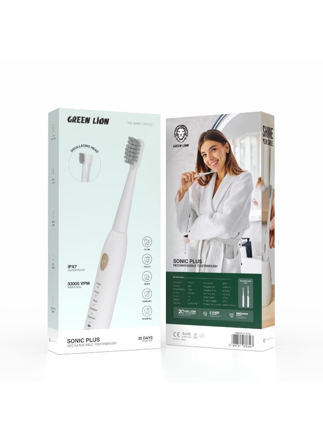 GREEN LION Sonic Plus Rechargeable Electric Toothbrush with 35 Days Working Time & 3 Pcs Head Brush / IPX7 Waterproof / 2 min Smart Timer / Nylon Bristle Material - White - Image 4