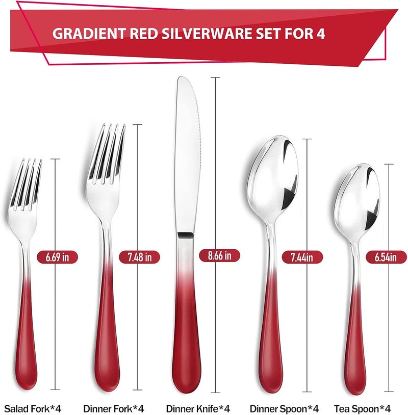 BEGEEL Red Silverware Set for 4,20 Piece Stainless Steel Flatware Set,Mirror Polished Dinnerware Cutlery Set of 4,Reusable Utensil Set for Kitchen,Flatware Sets,Gradient Red Silverware,Dishwasher Safe - Image 2